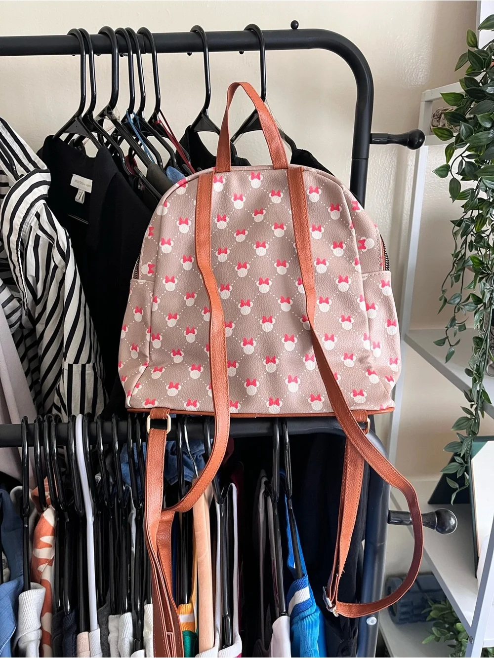 Disney Pink Patterned Faux-Leather Backpack with Brown Trim